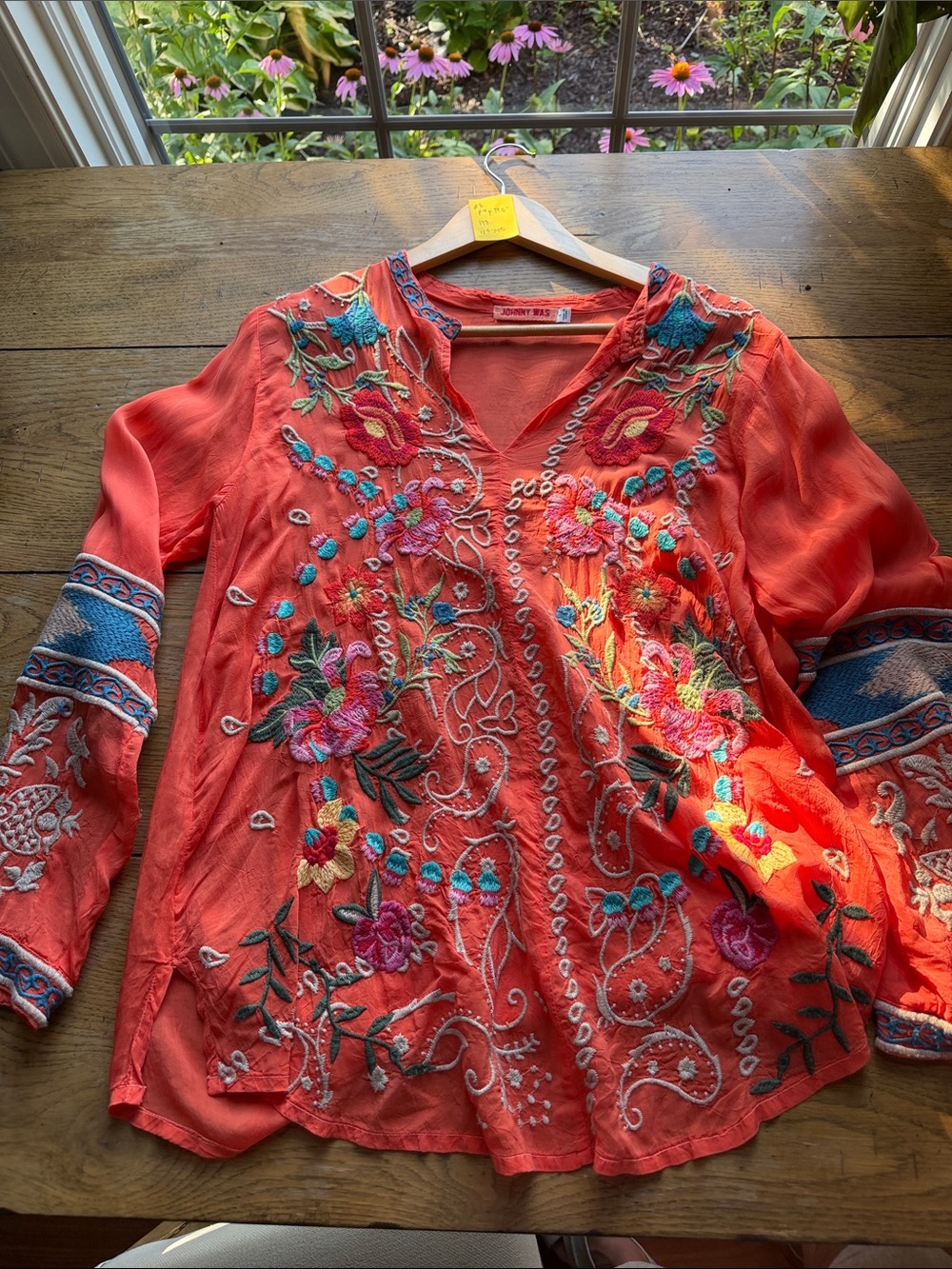 Johnny Was Coral Floral Embroidered V-Neck Tunic